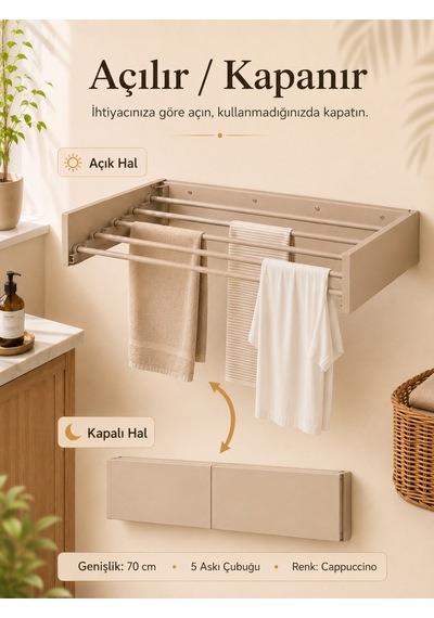 Çamaşır Kurutma Askılığı Katlanır Duvara Monte Balkon Banyo Askılık Duvar Tipi Yer Tasarruflu Çamaşırlık 70 Cm Belize Cappucino