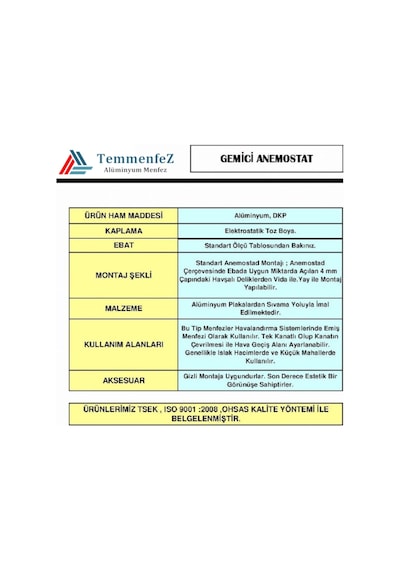 Alüminyum Gemici Anemostad - Yuvarlak Tavan Havalandırma Menfezi