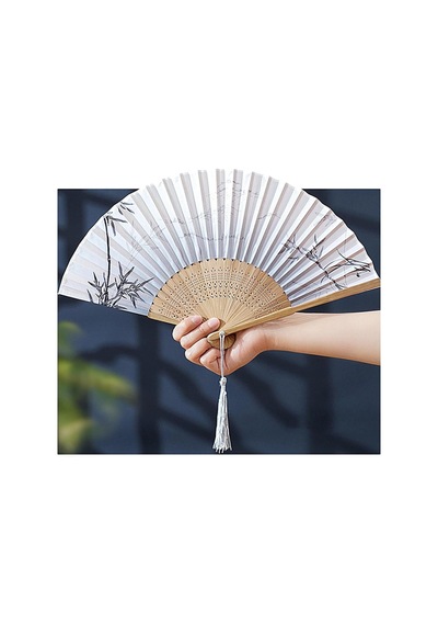 Beluga Yelpaze Bambu Serinletici Vintage Bej Şık Dekorasyon Püsküllü Japon Yelpaze 0242