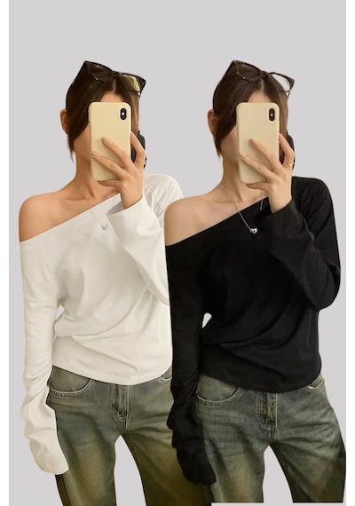 Siyah Beyaz 2 Li Paket Kadın Düşük Omuz Kayık Yaka Oversize Uzun Kollu T-shirt Beyaz - Siyah