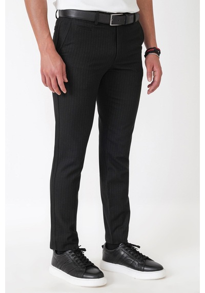 Slim Fit Yan Cepli Esnek Yünlü Siyah Çizgili Pantolon P 1236