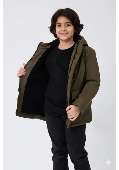 Blayn Jeans Erkek Çocuk Kürklü Su Ve Rüzgar Geçirmez Kapüşonlu Kışlık Mont & Kaban & Parka Haki