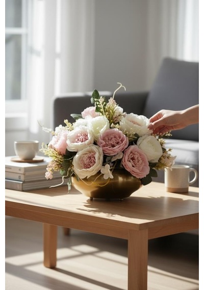 Yapay Çiçek Aranjmanı Eski Gold Renk Metal Ufo Vazolu Arajman Nişan Kız İsteme Çiçeği Katmerli Gelincik