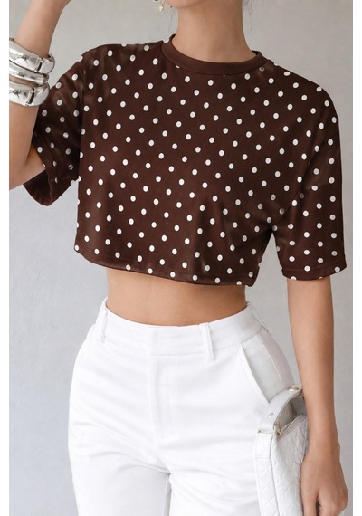 Hımmelduf Kadın Puantiye Desenli Crop Tişört Basic Oversize Yazlık Bluz Kahverengi