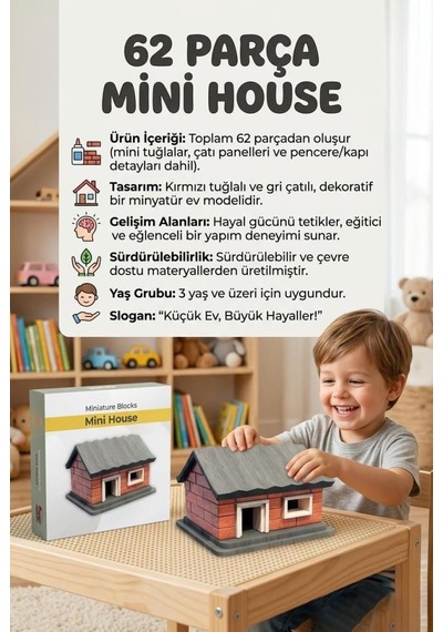 İlk Mini Evim 62 Parça Minyatür Tuğlalı Küçük Ev Tasarımlı Eğitici Yapı Oyuncak İnşaat Seti