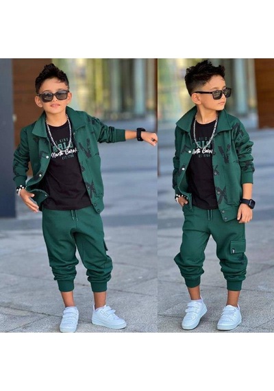 Erkek Çocuk 3 Parça Yeşil Eşofman Takımı Baskılı Fermuarlı Üst Ve Jogger Alt 60290-y