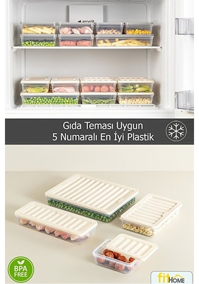 4'lü Buzdolabı Ve Derin Dondurucu Saklama Kabı Seti Dolap İçi Düzenleyici 2 Derin 2 Sığ Antrasit Kapak