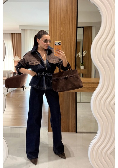 Brtc Design Kadın Kahverengi Çift Renk Denim Kuşaklı İkili Takım
