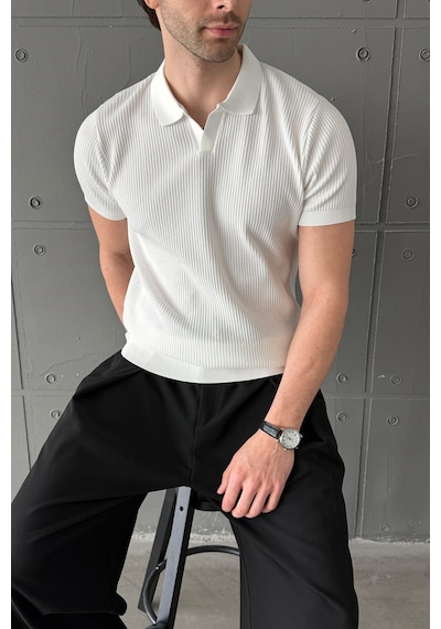 Erkek Petek Desen Polo Yaka Triko T-shirt Beyaz
