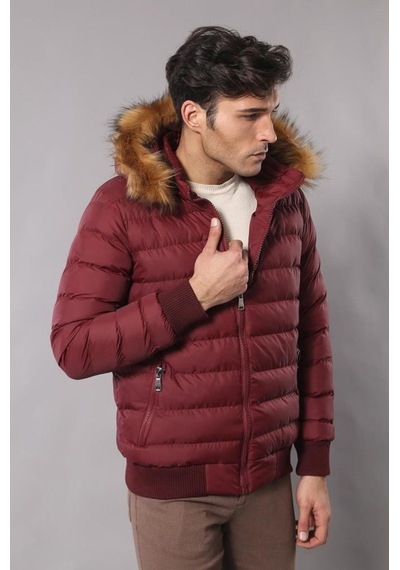 Wessi Kürklü Kapüşonü Bordo Erkek Şişme Mont Bordo
