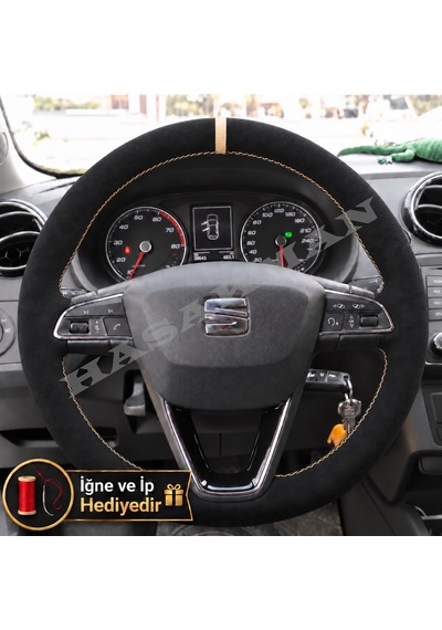 Seat Leon Mk3 Dikme Direksiyon Kılıfı Full Alcantara Süet Bej Yüzük Ve Bej Dikiş 2012-2016 Siyah