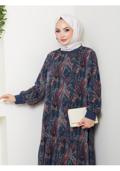 Hb Harma Time Butik Kadın Astarlı Lacivert Şifon Şal Desen Elbise