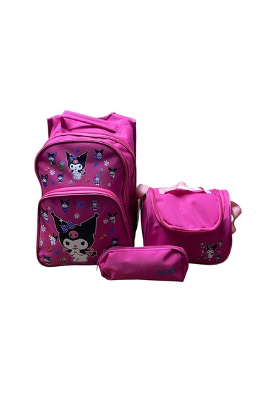 Kuromi Desenli Üçlü Kız Çocuk İlkokul Çantası + Termal Beslenme Çantası + Kalemlik Pembe
