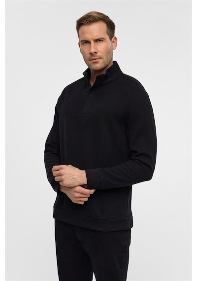 Süvari Siyah Regular Düz Polo Yaka Sweatshirt Siyah
