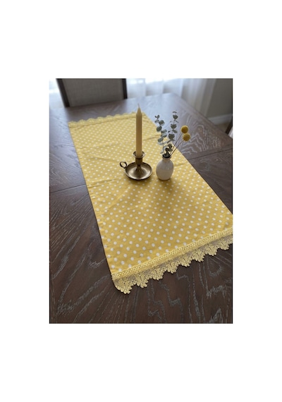 Sarı Puantiyeli Dantelli Runner - Masalara Şıklık Katan Pamuklu Runner 90x50 Cm