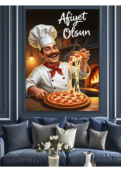 Fırında Pizza Yapan Şef Aşçı Dekoratif Kanvas - Mdf Ahşap Tablo