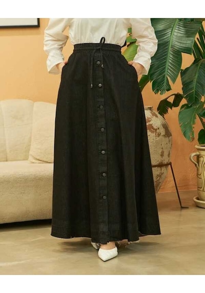 2215-denim Mevlana Düğmeli Etek Siyah Siyah