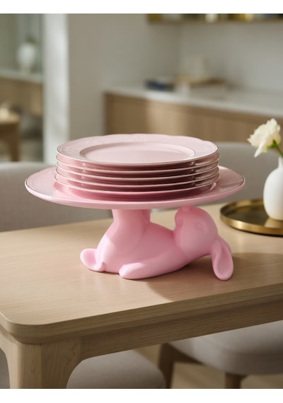 Dekoratif Tavşan Figürlü Tatlı Tabağı Standı Pasta Standı Mutfak Servis Standı 15x15 Şık Hediye Pembe