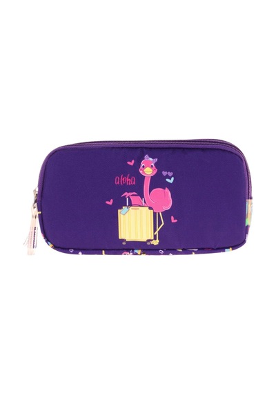 Kaukko Kids Üç Bölmeli Mor Pembe, Flamingo Baskılı, Kız Çocuk Okul Kalemliği - L8223 Mor - Sarı
