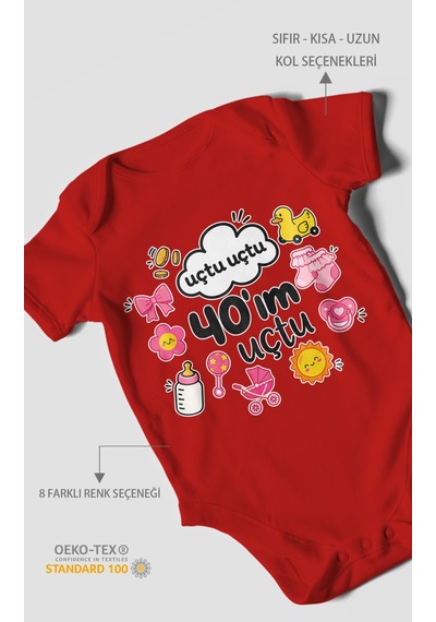 Morivokids Uçtu Uçtu 40'ım Uçtu Kısa Kollu Bebek Body %100 Pamuk Kırmızı