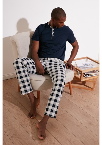 Buratti Ekoseli Pamuklu Regular Fit Kısa Kollu Erkek Pijama Takımı 60961007 Lacivert-Beyaz