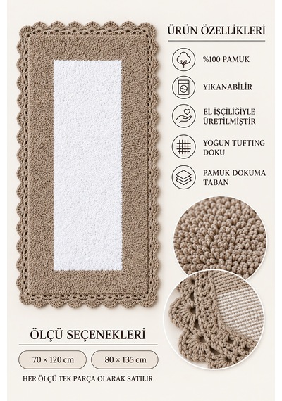 Alanur Bodrum Tufting Cotton Pamuklu El Işi Örgülü Paspas 108 70 X 120 Cm Beyaz - Kahve
