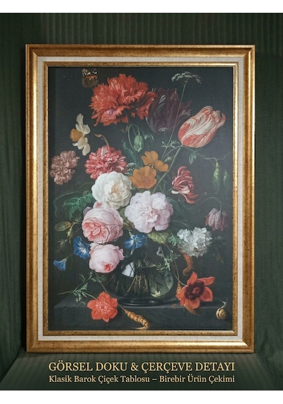 Vintage Gold Çerçeveli Tablo Vazo Ve Çiçekler 60x80 Cm