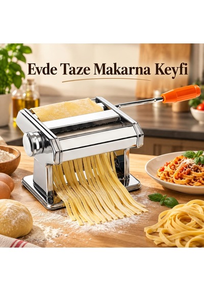 Manuel Erişte Ve Makarna Hamur Açma Makinesi Paslanmaz Çelik Gövde, Tagliatelle Fettuccine Lasagna Kesim, 9 Kademeli Ayar, Masa Sabitleme Aparatı Dahil