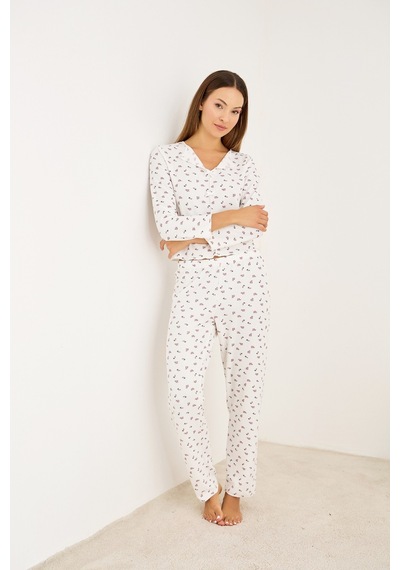 Siyah İnci Waffle Kumaş Örme Pijama Takım 7944 Ekru