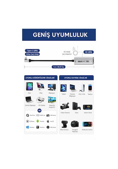 4k Hdmı Video Yakalama Kartı, Usb 3.0 Capture Card, 100w Pd Şarj Destekli, 90 Usb-c Kablolu, 4k 60 Fps Ve 1080p 240 Fps Destekli, Switch 2, Vr, Tablet, Pc Ve Mac Uyumlu