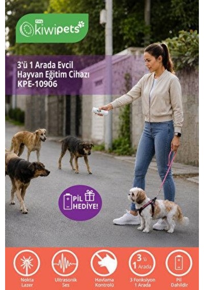 Tiny Kiwipets Kpe-10906 3'ü 1 Arada Köpek Kovucu Hayvan Eğitim Cihazı Ultrasonik Eğitim & Havlama Kontrolü & Led Işıklı