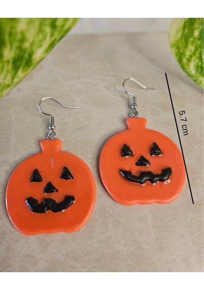 El Yapımı Polimer Kil Küpe - Paslanmaz Çelik Aparatlı Turuncu Cadılar Bayramı Bal Kabağı Figürlü Sallantılı Küpe Spooky Pumpkin