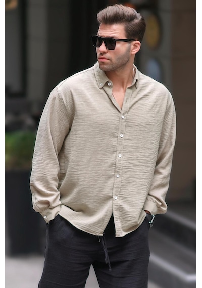 Madmext Haki Uzun Kollu Oversize Erkek Gömlek 6735 Haki