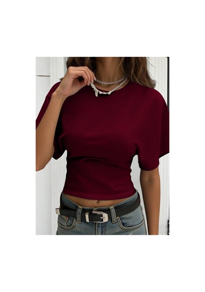 Cool Tarz Kadın Yarasa Kol Belden Oturtmalı Pamuklu T-shirt Bordo Bordo