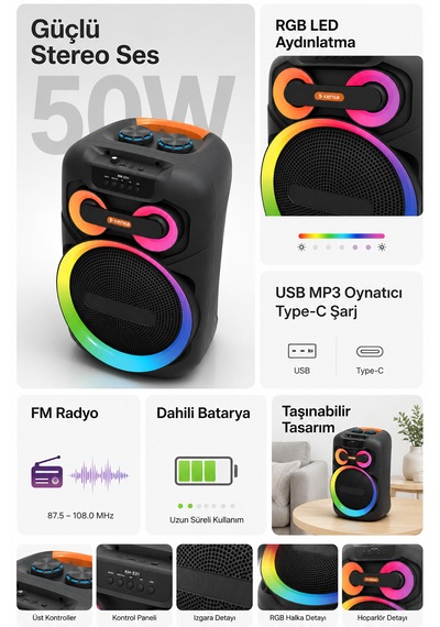 Taşınabilir Mikrofonlu 50w Led Işıklı Bluetooth Hoparlör Seti