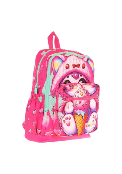 Kaukko Dört Bölmeli Kız Çocuk - Pembe - Dondurma Yiyen Kedi - İlkokul Okul Sırt Çantası - L5250 Pembe