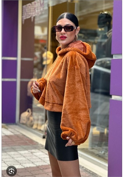 Mamayaga Kadın Crop Boy Yumuşacık Balon Uzun Kol Kapüşonlu Şık Kısa Sweatshirt Turuncu