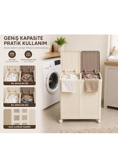 100 L İki Bölmeli Kirli Çamaşır Sepeti, Tekerlekli, Katlanabilir, Krem