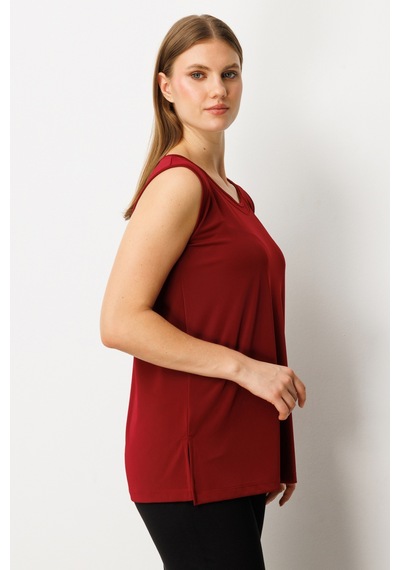 On Kadın Büyük Beden Yakası Tül Detaylı Kolsuz Basic Bluz 61311 Bordo Bordo