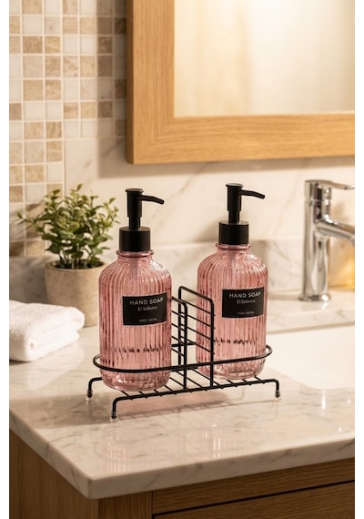 Makri Home Modern Çizgili Yuvarlak Cam Ikili Sıvı Sabunluk & Deterjanlık Seti, Pembe- 500 Ml Cam Sabunluk