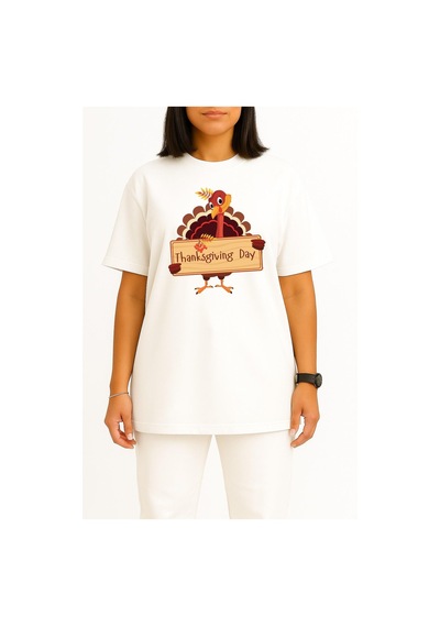 Bahriyeli Collection Oversize Şükran Günü Akşam Yemeği Göğüs Tasarımlı Unisex T-shirt Beyaz