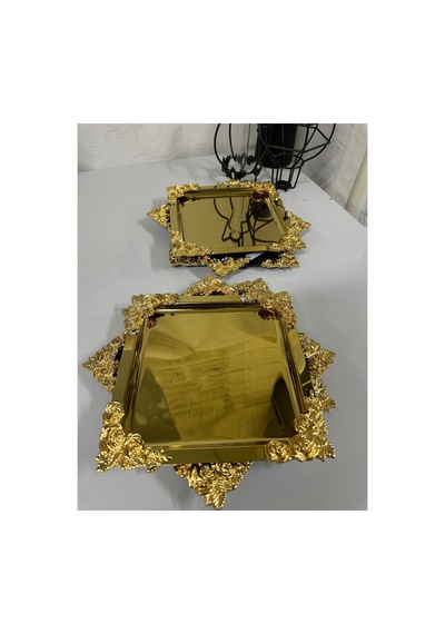 6 Adet Paslanmaz Gold Gül Detaylı Kahve Pasta Sunum Tepsisi Altın