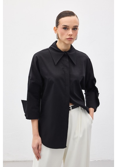 Sateen Düğme Detaylı Gömlek - Siyah-137149 Siyah
