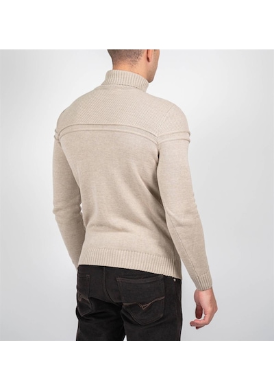 Erkek Tam Boğazlı Örgü Desenli Slim Fit Kazak Ncs Jeans 3659-Bej