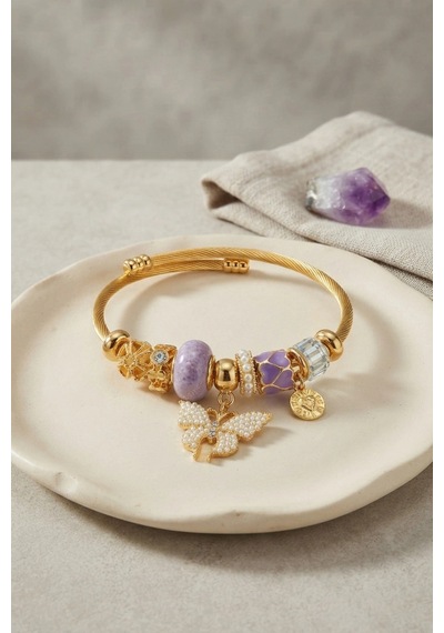 Mor Kelebek Model Gold Renk Charmlı Bileklik 6446404