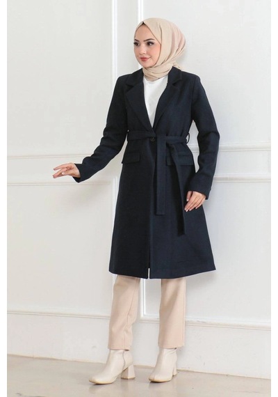 Kadın Kaşe Kaban Uzun Boy Kruvaze Yaka Kuşaklı Tesettür Kaban Astarlı Yünlü - Lacivert