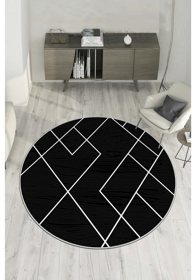 West Home Dijital Baskı Yıkanabilir Kaymaz Taban Siyah Yuvarlak Salon Halısı Mutfak Halısı Yolluk Wh 533 Black Yuvarlak