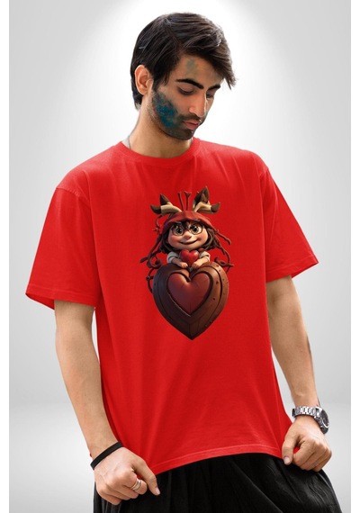 Çikolata Kız Kalbi Pamuklu Bisiklet Yaka Unisex Oversize Boyfriend Dijital Baskılı Kırmızı T-shirt Kırmızı