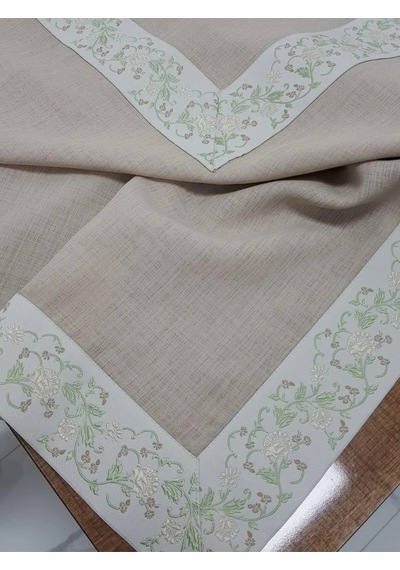 Gonca Jakar Bordürlü Keten Kumaş Bej Masa Örtüsü 160x230 Cm - 1132 Çok Renkli