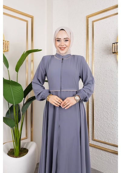 Nevayla Moda Yaka Ve Bel Nakış Detaylı Ferace - Gri / F0143 Gri